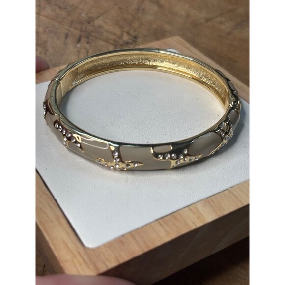 Joan Boyce signed Vintage  Gold-Tone & Cream Enamel Hinged Bangle With Rhineston - Picture 6 of 13